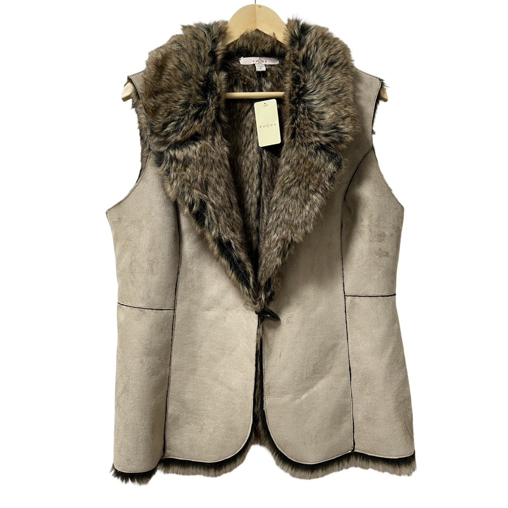 Fever Womens Faux Suede Y2K Faux Fur Collar Vest Size L Beige Boho Western NEW